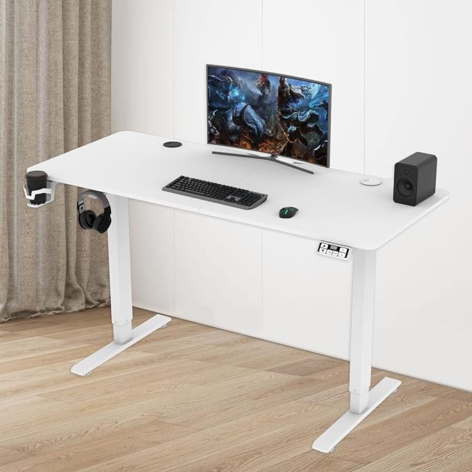 Electric Standing Desk Height Adjustable, Large 55 inch Sit Stand up Desk Home Office Computer Ergonomic Desk Memory Preset with Pencil Tray, White&Wood
