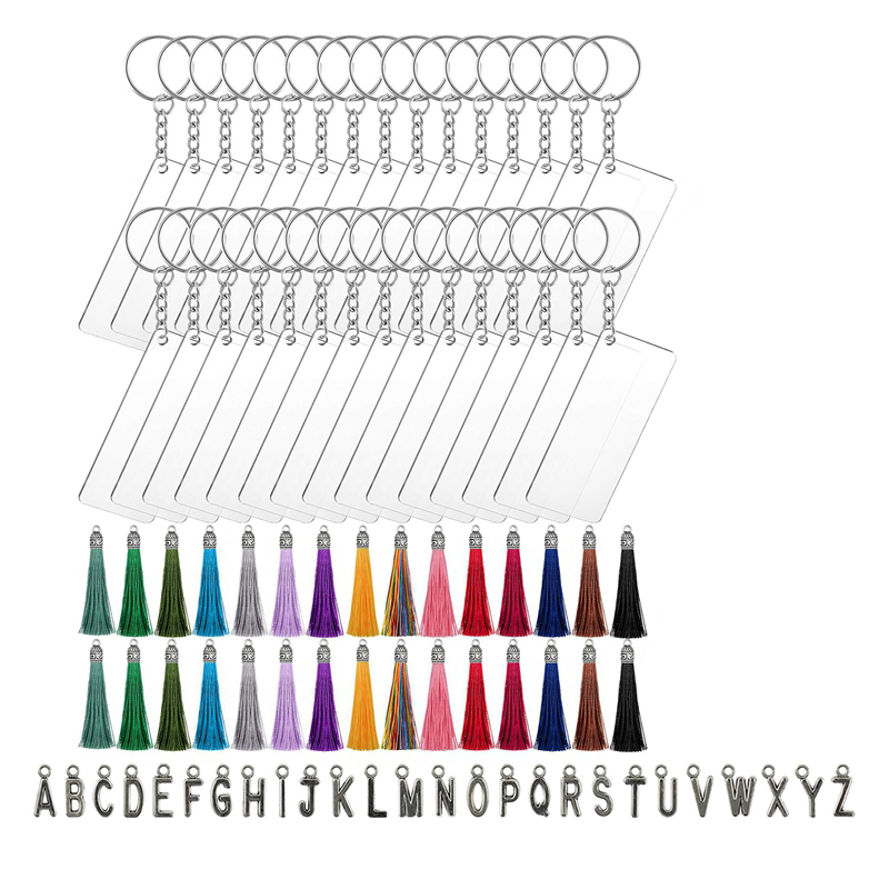 146 Pcs Acrylic Keychain Blank Set,Rectangle Discs Ornaments, Colorful Tassels Decorations for DIY Projects and Crafts