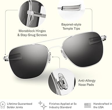 Randolph Eyewear Aviator Sunglasses for Men & Women â Non-Polarized & Polarized Lenses, Matte Chrome UV Protection Sunglasse