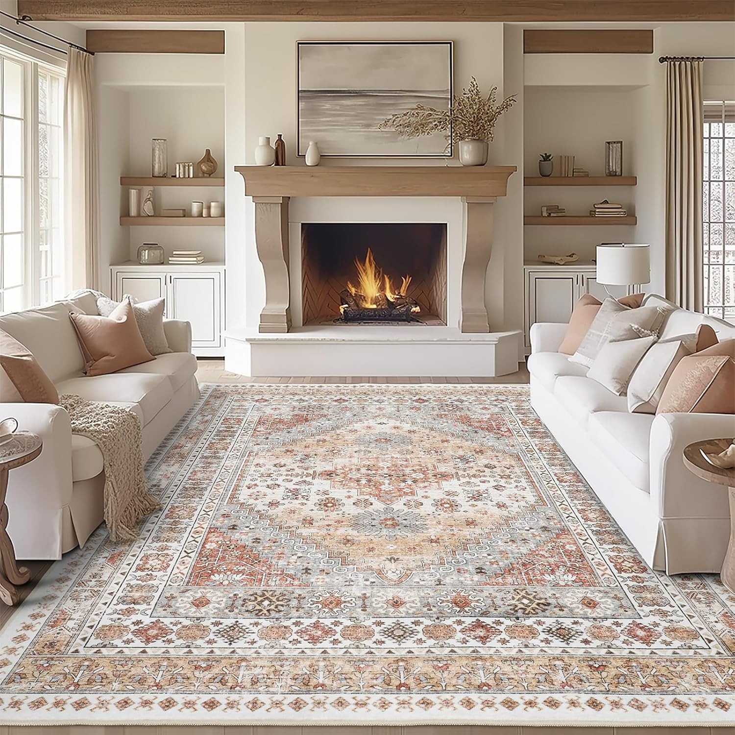 zesthome 8x10 Living Room Area Rug, Washable Rug with Non-Slip Backing, Vintage Large Area Rug, Stain Resistant Home Decor Rug (Orange, 8'x10')