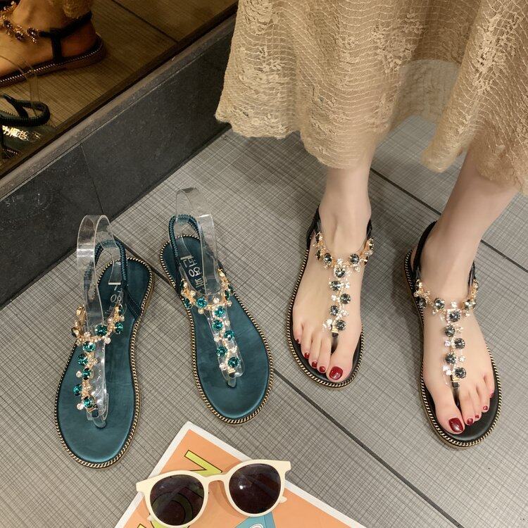 Women 's Sandals Flat Heel Split Toe Diamond Ankle Versatile Comfortable Herringbone