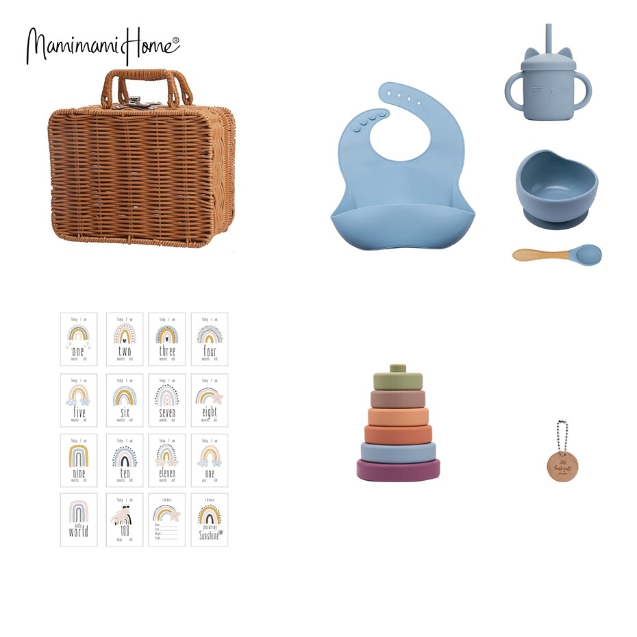 Mamimami Home Baby Meal Feeding Set 100% Silicone Bowl,Sippy Cup,Bib Natural Rattle Toy Toddler Gift with Rattan Box