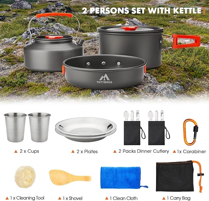 17-piece camping cookware set, 0.45 gallon pot, 7-inch frying pan, 0.30 gallon kettle set with 2 sets of stainless steel cups, plates, forks, knives and spoons, suitable for hiking