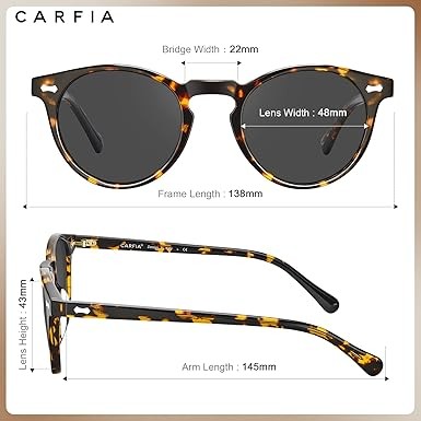 CARFIA Round Acetate Polarized Sunglasses for Women with Small Face and UV Protection (with Leather Case) CA5288