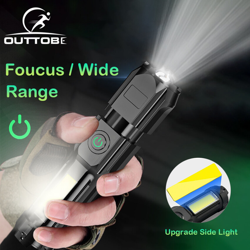 Outtobe Powerful Flashlight waterproof original Bright Led Flashlight Outdoor Focusing Torchlight Portable Home Emergency Lamp Built-in Battery USB Rechargeable Torchlight Zoom-able focus Light T6 Pe