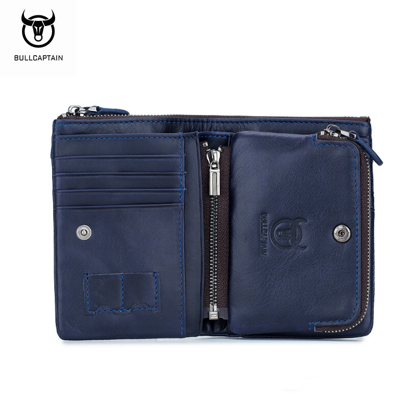 BULLCAPTAIN 100% Genuine Leather Men's Wallet Zip Retro Coin Purse