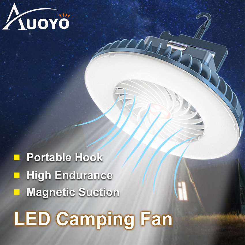 Auoyo Portable Camp Light Camping Lamp with Fan Outdoor Lighting Rechargeable Hanging Tent light Night light Magnetic Market Lamp Outdoor Portable Cooling Fan Light Lantern lamp