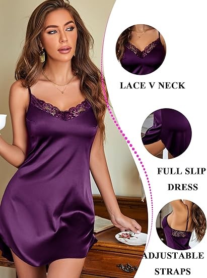 Avidlove Women's Nightwear Sexy Satin Sleepwear Lace Chemises Mini Full Slip