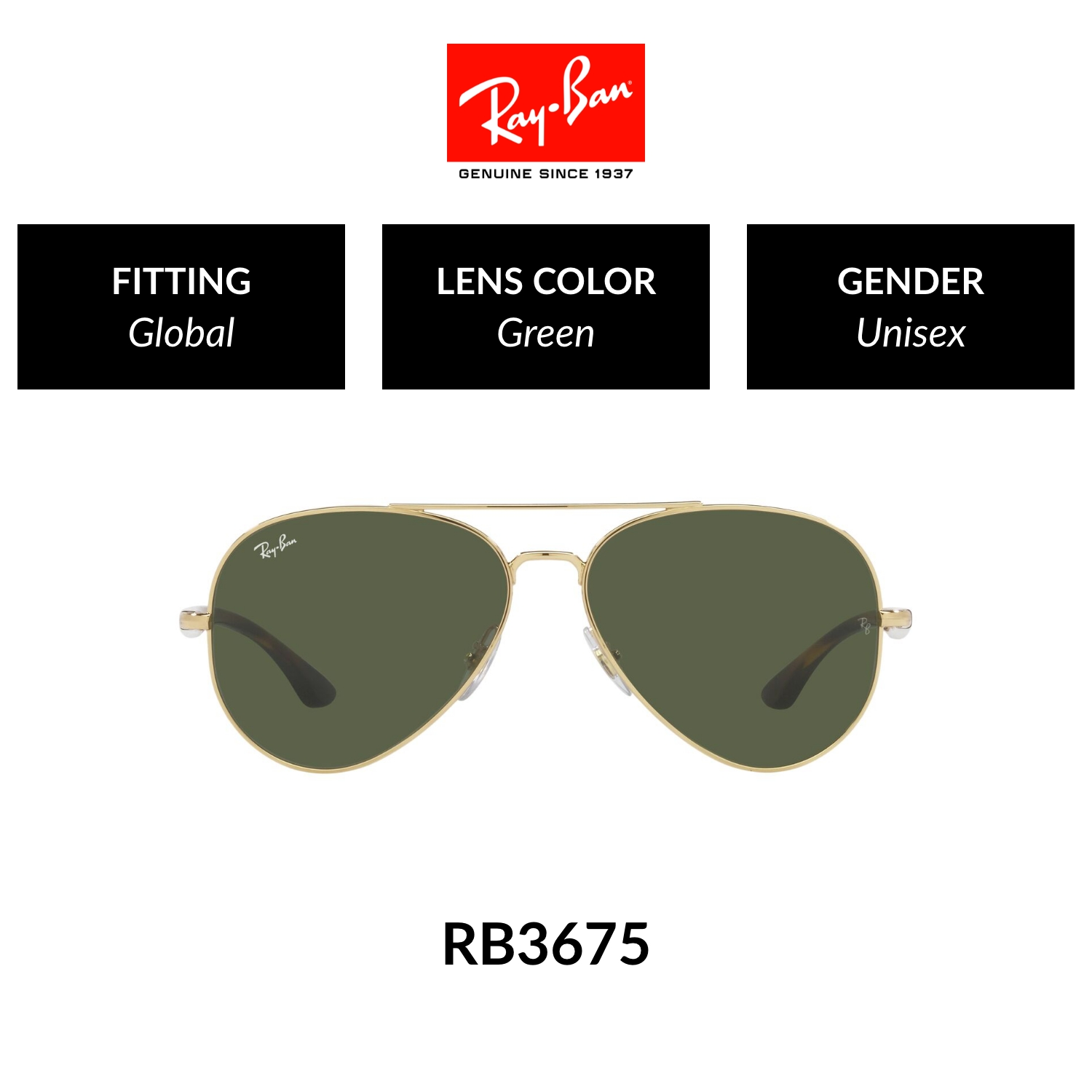 Ray-Ban CORE RB3675 001/31 Unisex Global Fitting Sunglasses Size 53mm