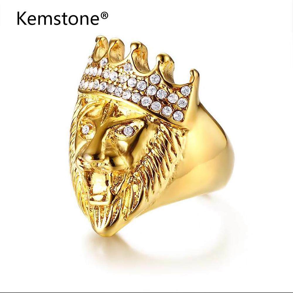 Kemstone Stainless Steel Crystal Gold Plated Crown Lion Ring For Men