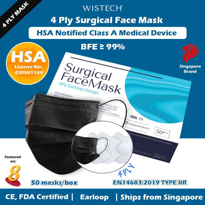 [OFFICIAL STORE] GET ADDITIONAL % OFF Wistech 4 Ply (Blue) Surgical Mask, 50 pieces, HSA Notified Medical Device, FDA CE Approved, BFE 99%, Wistech Singapore