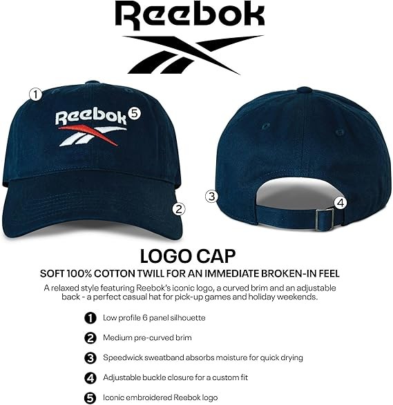 Reebok Classic Logo Hat | Mens | Womens | Adjustable | Breathable | Everyday | Low Profile | Cotton Twill