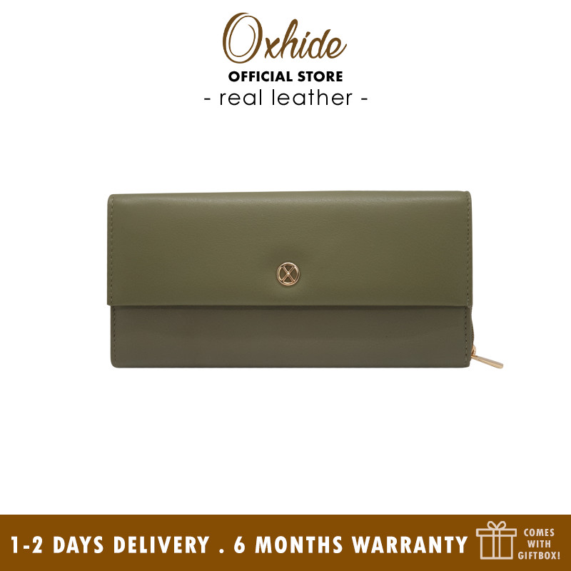 Women Wallet Long Purse - Lady Long Wallet - Cow Leather Wallet for Women - Lady Wallet Branded in Black/Green colour- Oxhide J0016- Excellent Christmas Gift Idea