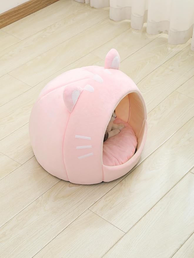 QWINEE Indoor Cat Bed Cave with Removable Cushion - Pet Plush Tent House Cartoon Ear Design Pet Bed with Pompom for Cats Kitten Dogs Puppy and Rabbit White and Pink S