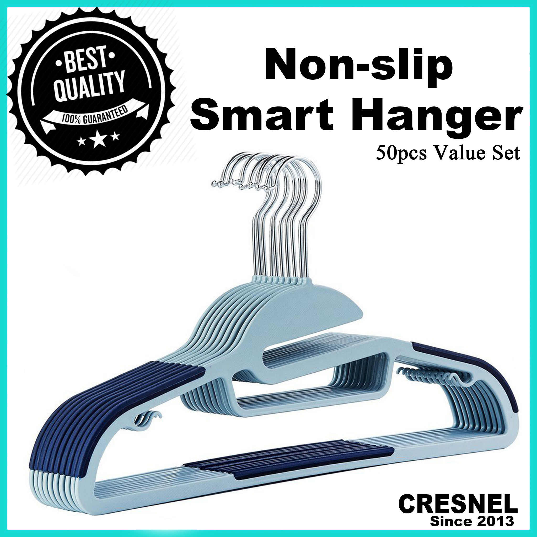 Cresnel U-Slide Clothes Hanger - 50pcs Premium laundry hangers for clothes 衣架 (Dark blue)