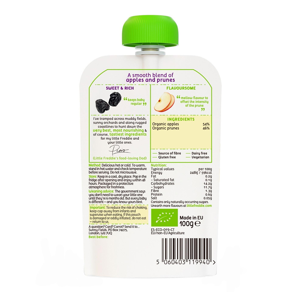 Organic Little Freddie Fruit & Vegetable - Balanced Prunes & Apples INNER BOX (100g x 6)